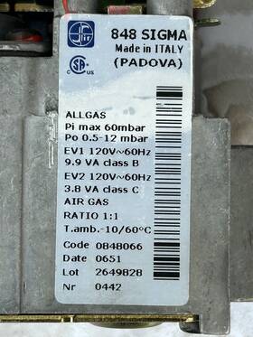 Sigma0848066 Baxi /luna/laars Mascot Ht 330 / Main Gas Valve Sigma 848 Padova