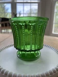 Vintage Mcm Emerald Green Pressed Glass Pedestal Vase With Beaded Design. Fixed Price $15.00.