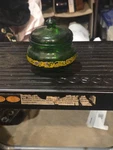 Vintage Emerald Green Glass Powder, Candy Or Jam Jar Fruit Design Belgium. Fixed Price $12.20.