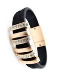 Unique Triple Mat Gold Crystals Links Black Leather Strap Magnetic Bracelet. Fixed Price $22.49.