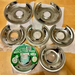 7 Range Kleen 106-A 8"(2PC) &105-A 6"(5PC) Drip Pan, Chrome Plated Steel. Fixed Price $24.00.